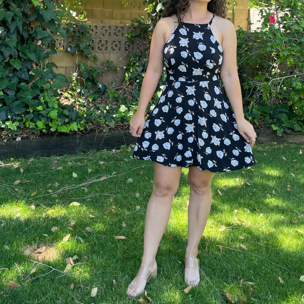 French Kiss Black and White Halter floral Sundress